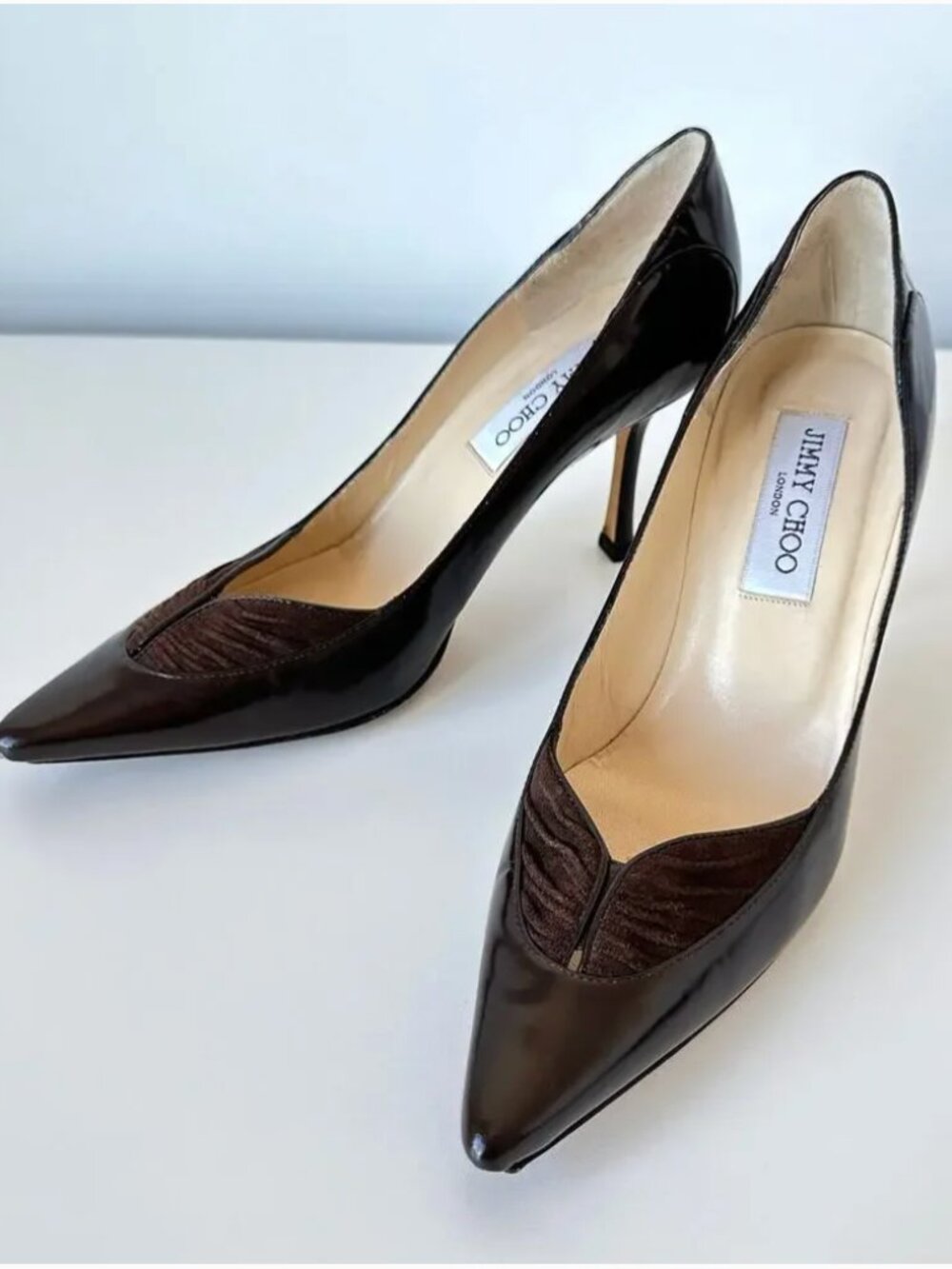 Jimmy Choo Brown Leather Pumps Pointed Point Patent Size 40.5 US 10.5